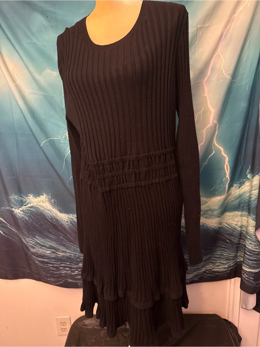 Anthropologie Black Ribbed Long-Sleeve Knit Dress
